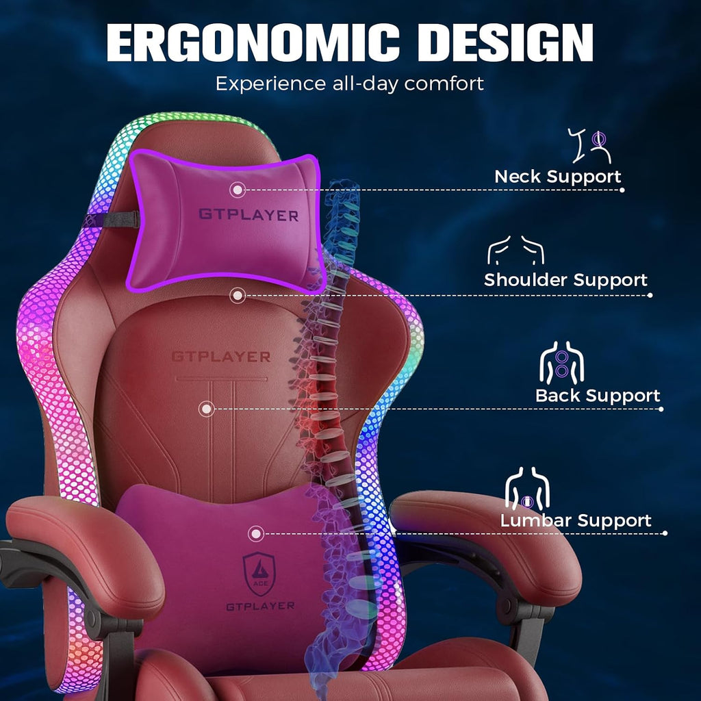 GTPLAYER Gaming Chair, Computer Chair with RGB LED Lights, High Back Ergonomic Chair for Adults with Footrest, Reclining Office Chairs, Linkage Armrest, Wine Red