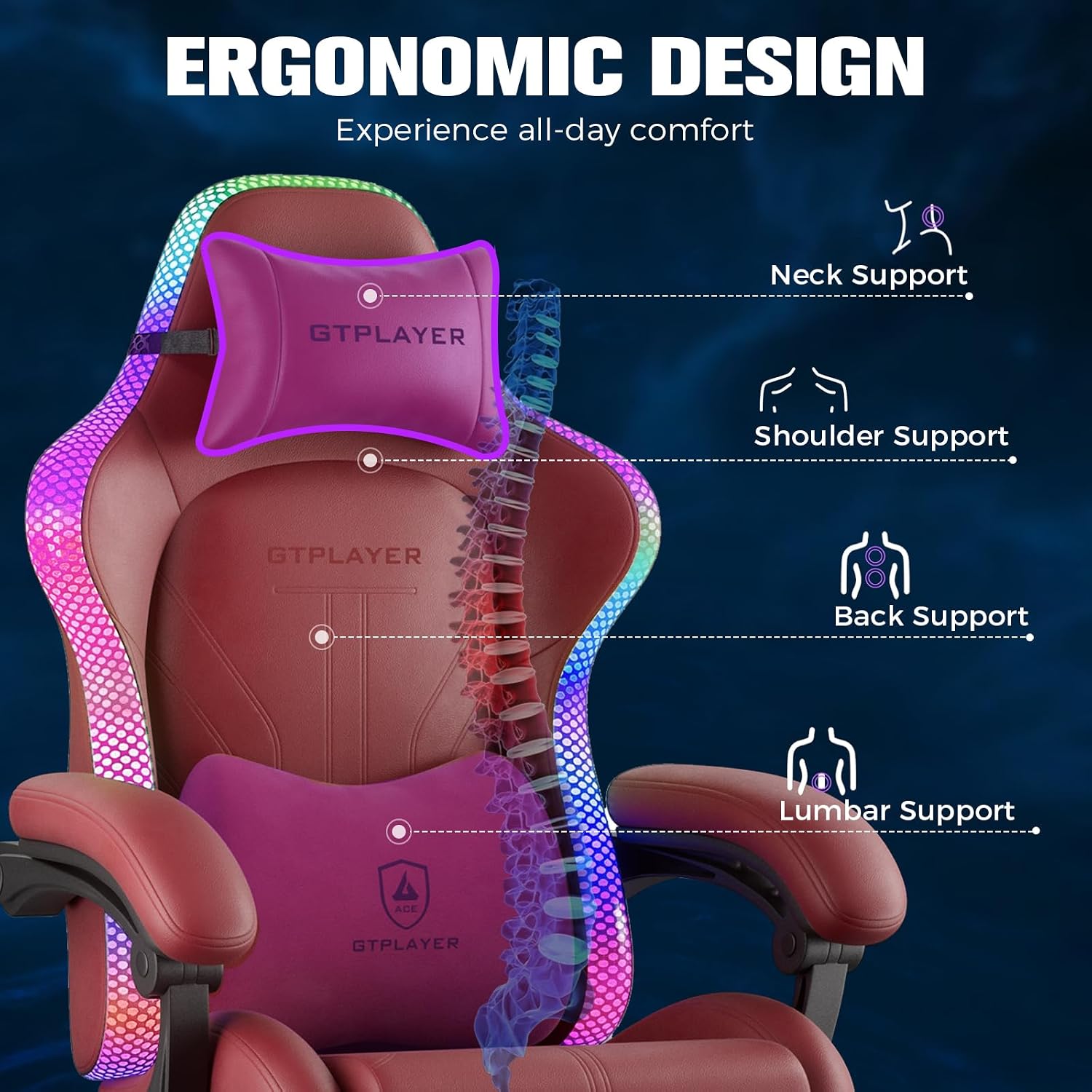 GTPLAYER Gaming Chair, Computer Chair with RGB LED Lights, High Back Ergonomic Chair for Adults with Footrest, Reclining Office Chairs, Linkage Armrest, Wine Red