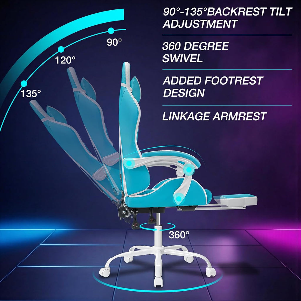 RGB Gaming Chair with LED Lights Massage Game Chair with Footrest Ergonomic Computer Chair High Back Video Game Chair with Adjustable Lumbar Support Linkage Armrest Blue and White