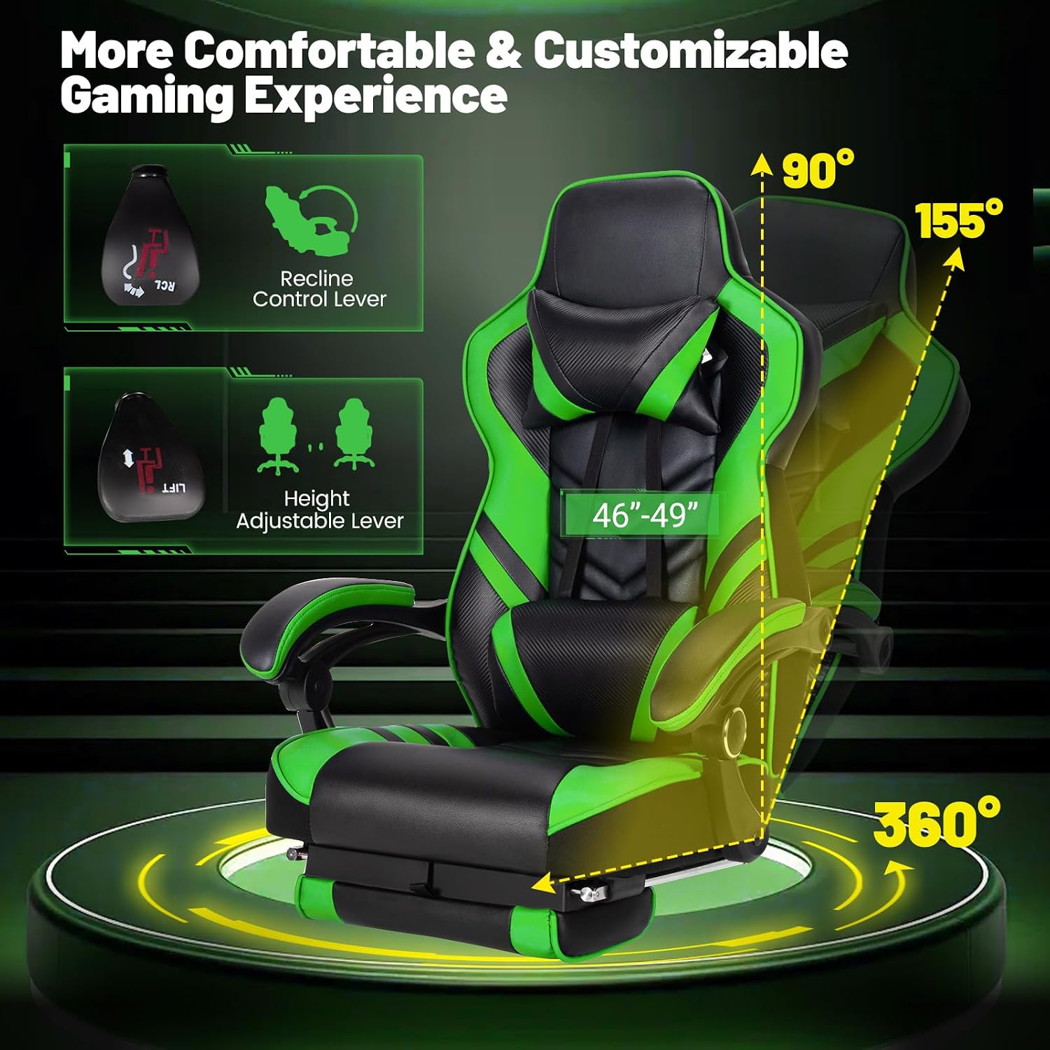 Goplus Gaming Chair, Computer Chair with Footrest and Lumbar Support, Height Adjustable Executive Swivel Rolling Task Chair with 90°-155° Tilt Function (Green)