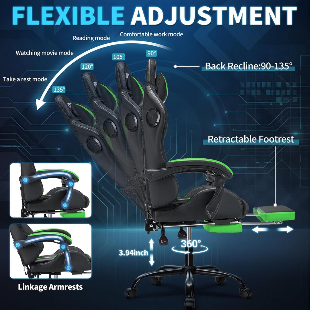 Gaming Chair with Bluetooth Speakers and RGB LED Lights Ergonomic Massage Computer Gaming Chair with Footrest Video Game Chair High Back with Lumbar Support Light Green and Black