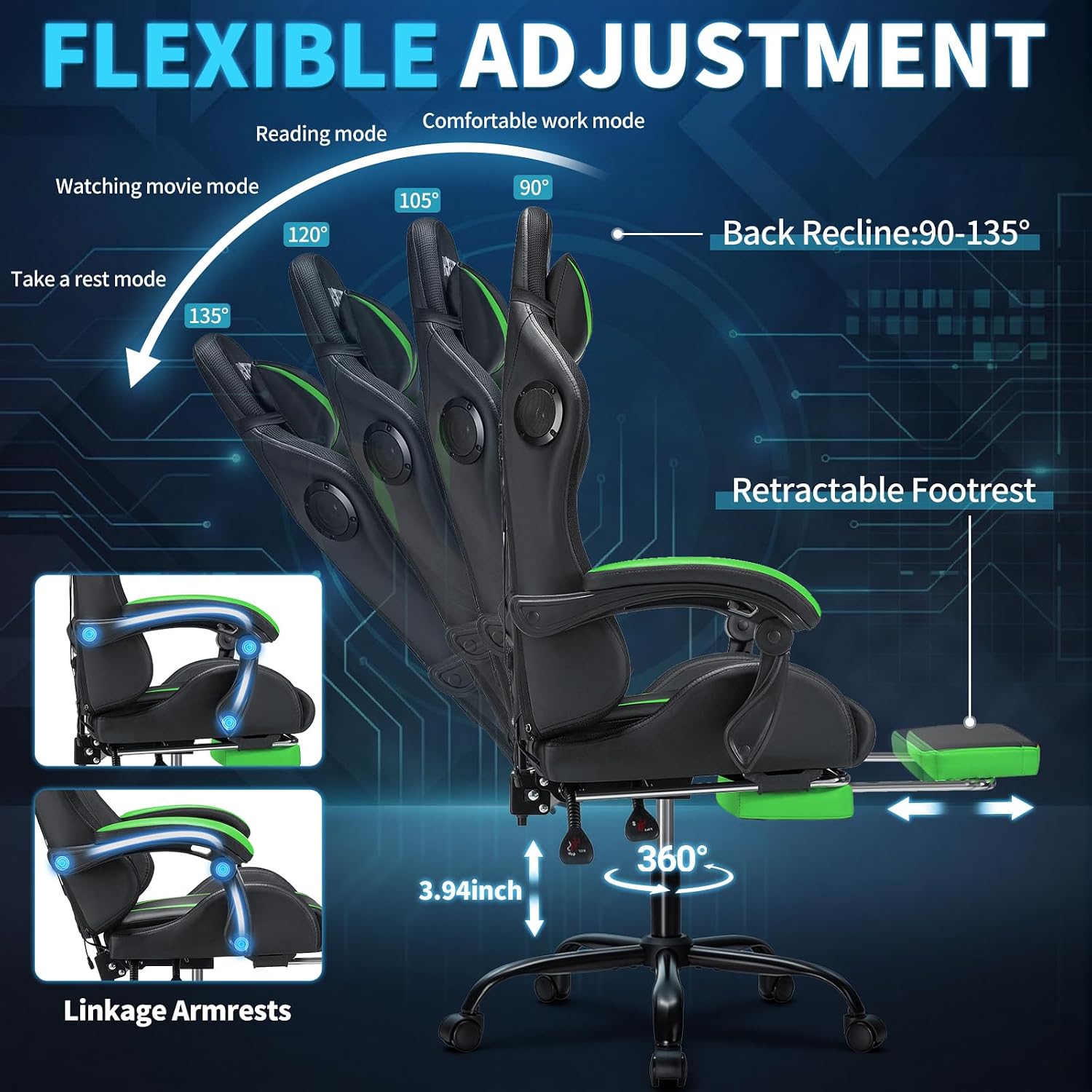 Gaming Chair with Bluetooth Speakers and RGB LED Lights Ergonomic Massage Computer Gaming Chair with Footrest Video Game Chair High Back with Lumbar Support Light Green and Black