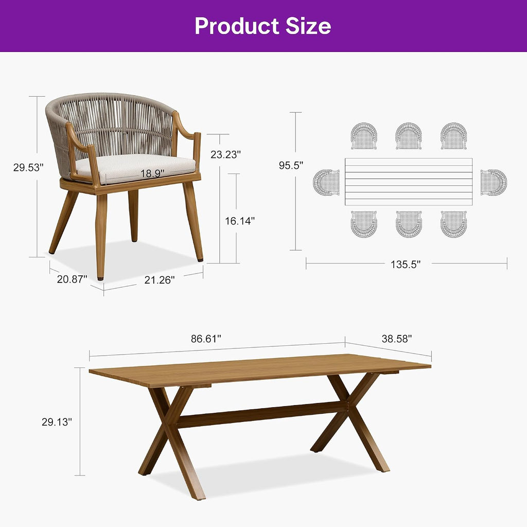 PURPLE LEAF 9 Pieces Outdoor Dining Set All Weather Wicker Patio Dining Set with Rectangular Aluminum Table and Modern Armrest Dining Chairs for Garden Deck Backyard Kitchen, Teak