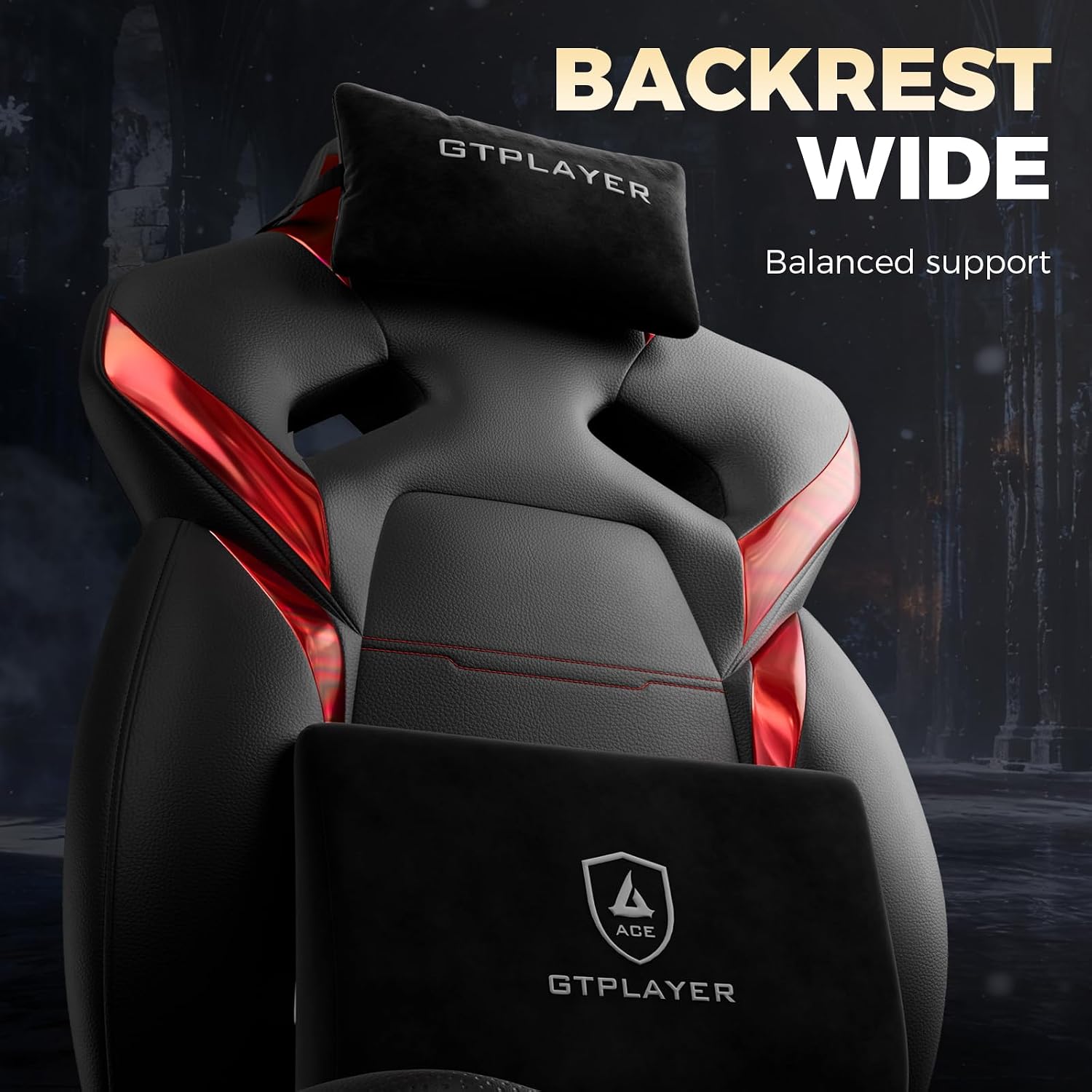 GTPLAYER Big and Tall Gaming Chair for Adults, Ergonomic Office Chair with Footrest, Heavy Duty 350 lbs Capacity, High Back, Premium Leather & Iridescent Trim, ACE-Armor, Black & Red