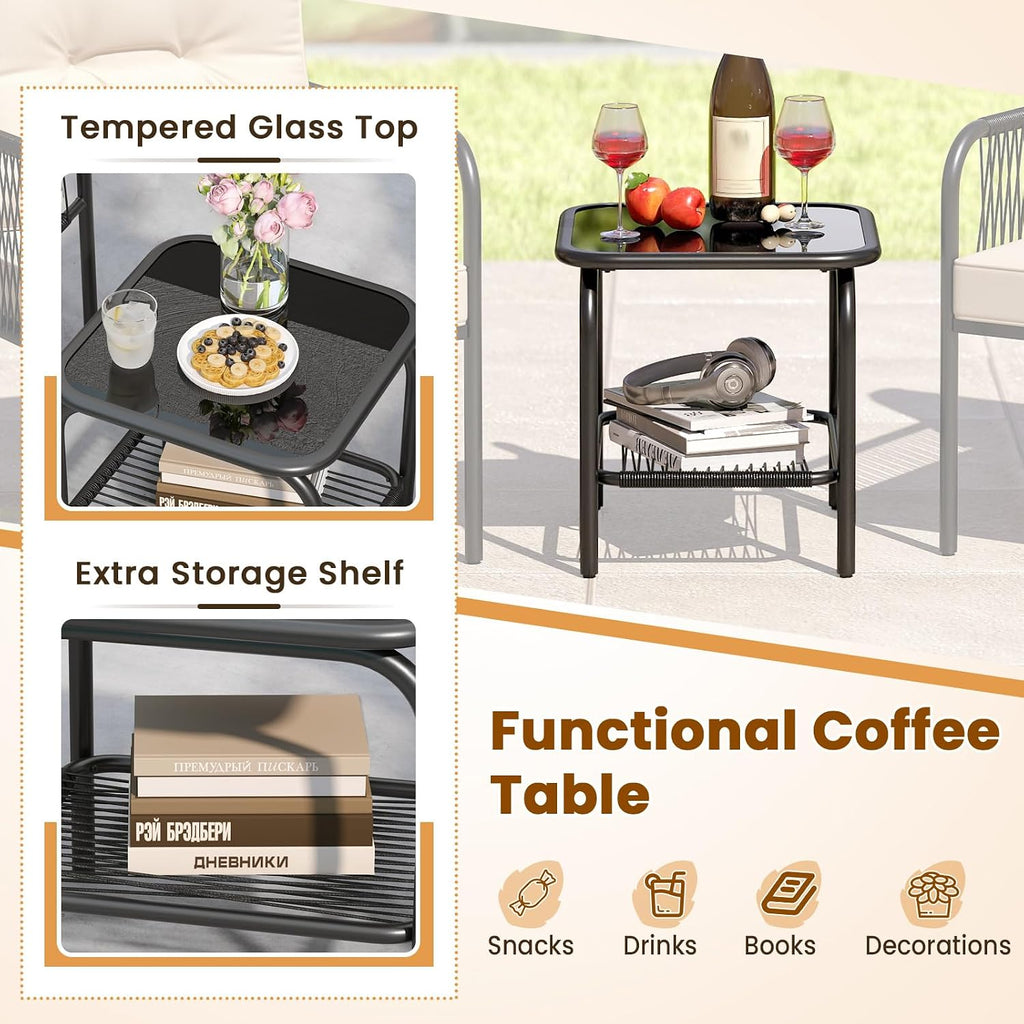 Tangkula 3 Pieces Patio Bistro Set, PE Rattan Furniture Set with Tempered Glass Table, Chairs, Back and Seat Cushions, Outdoor Wicker Conversation Set for Porch, Backyard, Garden and Poolside