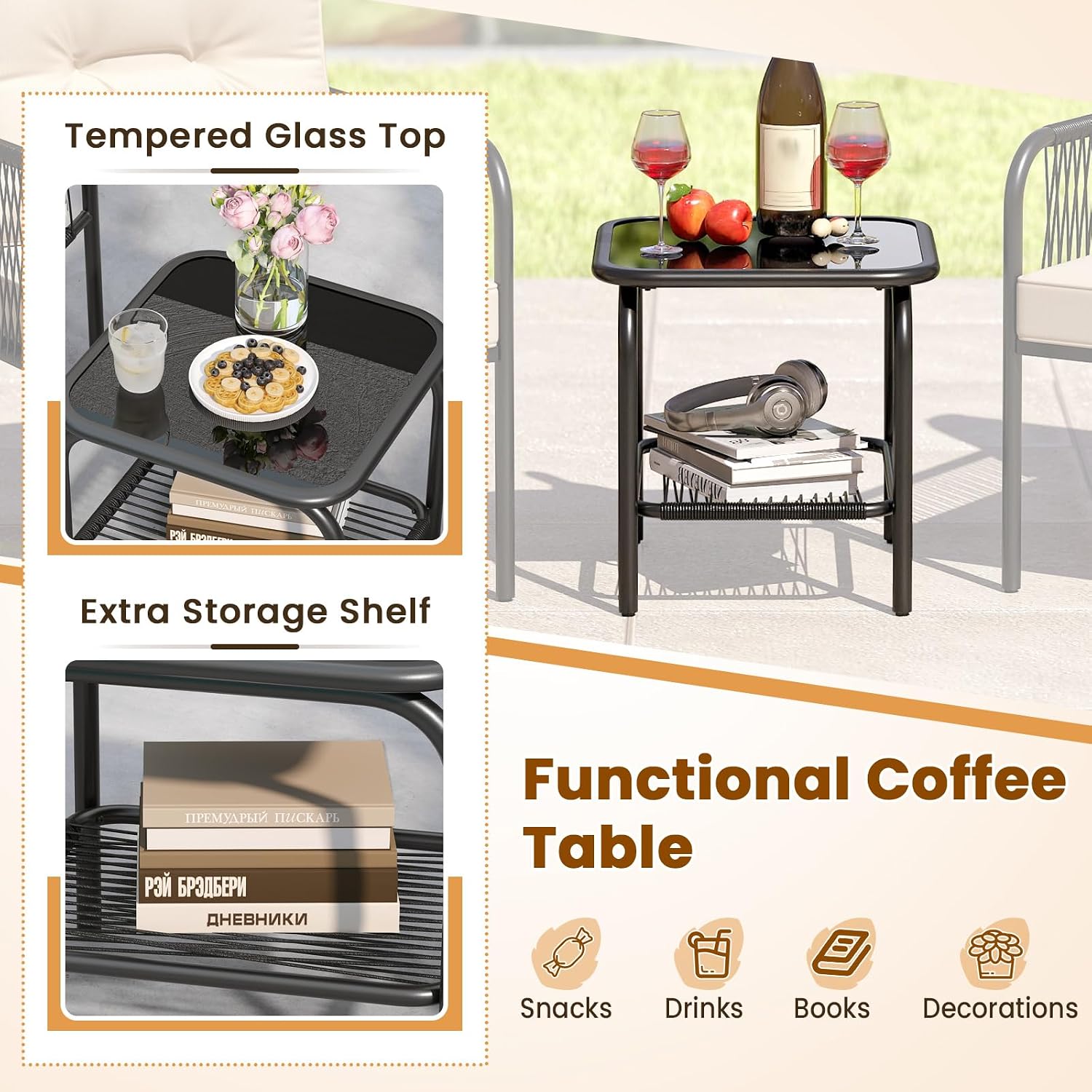 Tangkula 3 Pieces Patio Bistro Set, PE Rattan Furniture Set with Tempered Glass Table, Chairs, Back and Seat Cushions, Outdoor Wicker Conversation Set for Porch, Backyard, Garden and Poolside