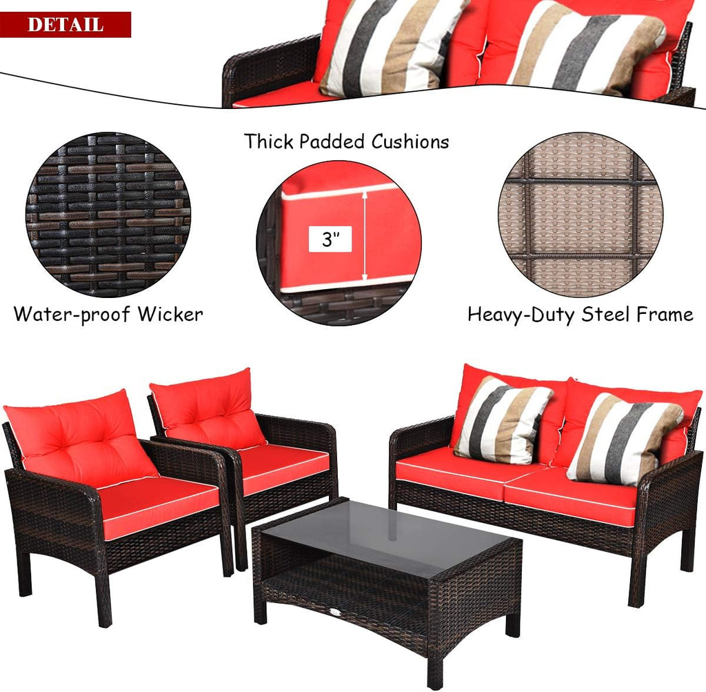 COSTWAY 4-Piece Patio Furniture Set, Sectional Wicker Rattan Sofa Chair with Cushion, Loveseat, Coffee Table with Tempered Glass and Shelf, Outdoor Conversation Sets for Poolside Porch (Red)