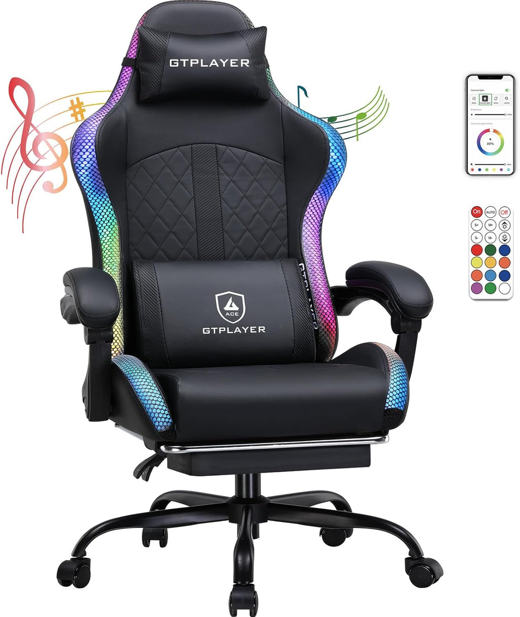 GTPLAYER RGB Gaming Chair with Speakers, Computer Gamer Chair with Footrest and LED Lights, PC Gaming Chairs for Adults, High Back Reclining Office Chairs, Linkage Armrest (Black)