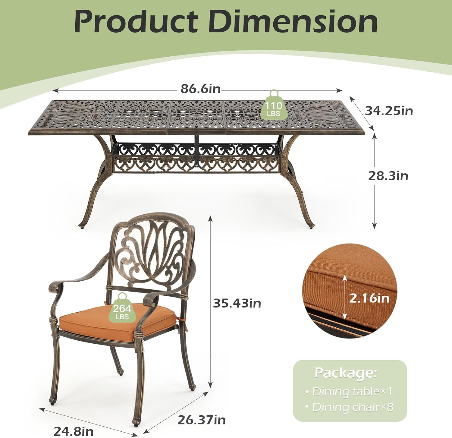 [Hi-End]Cast Aluminum Patio Furniture Set 9-Piece Outdoor Dining Set Includes 86.6'' Rectangular Patio Table with Umbrella Hole and 8 Cushioned Dining Chairs,Rust-Free for Patio Deck Garden Pool