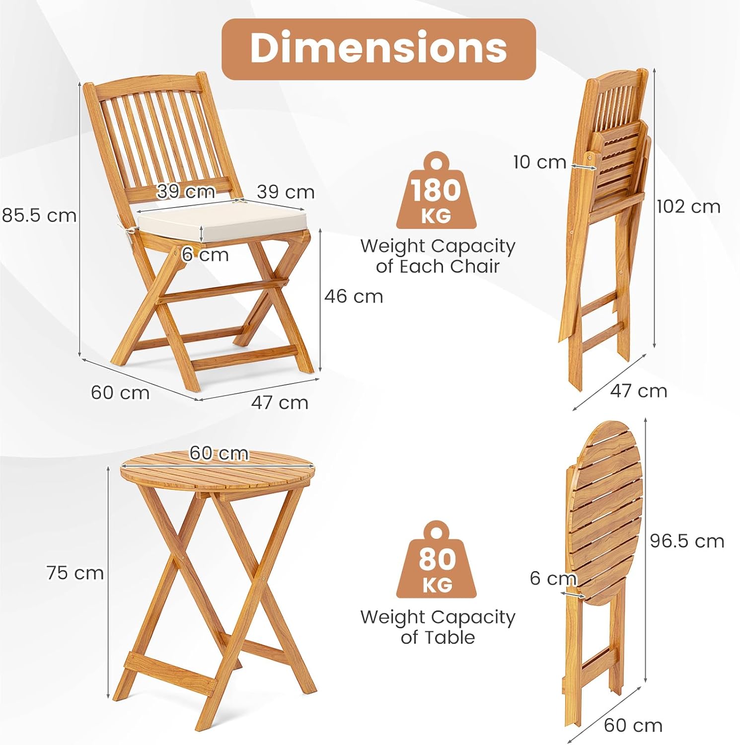 Giantex 3Pcs Patio Bistro Set, Wood Folding Table Set, 2 Cushioned Chairs for Garden Yard, Outdoor Furniture Round Table (Natural & Beige)