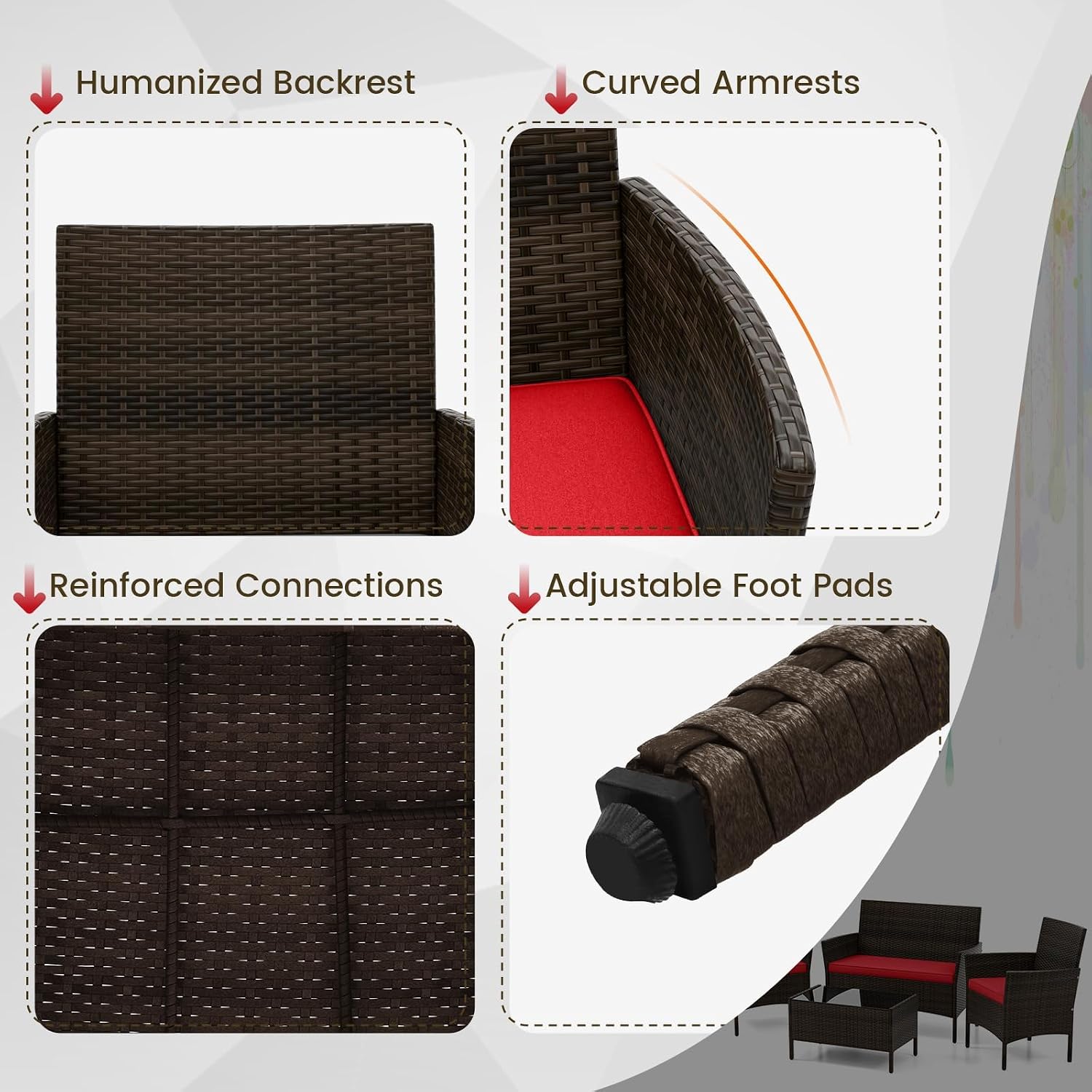 HAPPYGRILL 4PCS Patio Furniture Set Outdoor Rattan Wicker Conversation Set with Cushioned Sofa and Coffee Table for Porch Backyard Garden Poolside