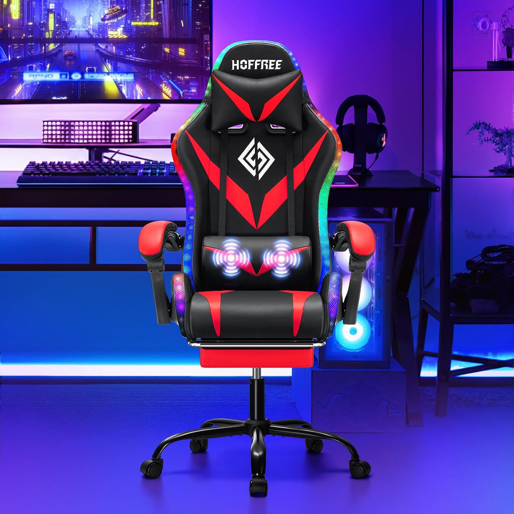 HOFFREE Gaming Chair with LED RGB Lights Massage Ergonomic Video Game Chairs with Footrest High Back Reclining Computer Chair with Adjustable Lumbar Support Red and Black