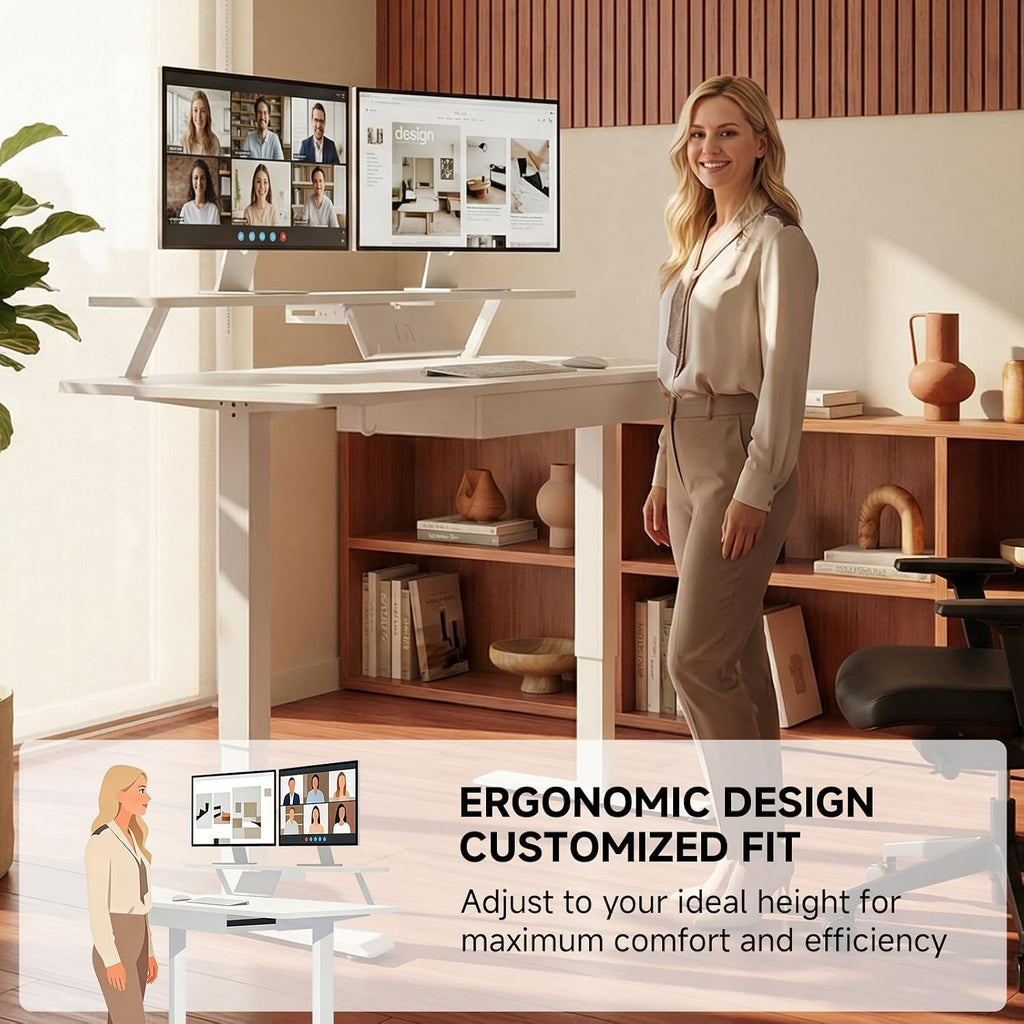 GTPLAYER Electric Standing Desk with Drawers, 55 x 24 Inches Height Adjustable Computer Desk with Monitor Stand, Laptop Stand, Home Office Sit Stand Up Desk with Memory Preset, White