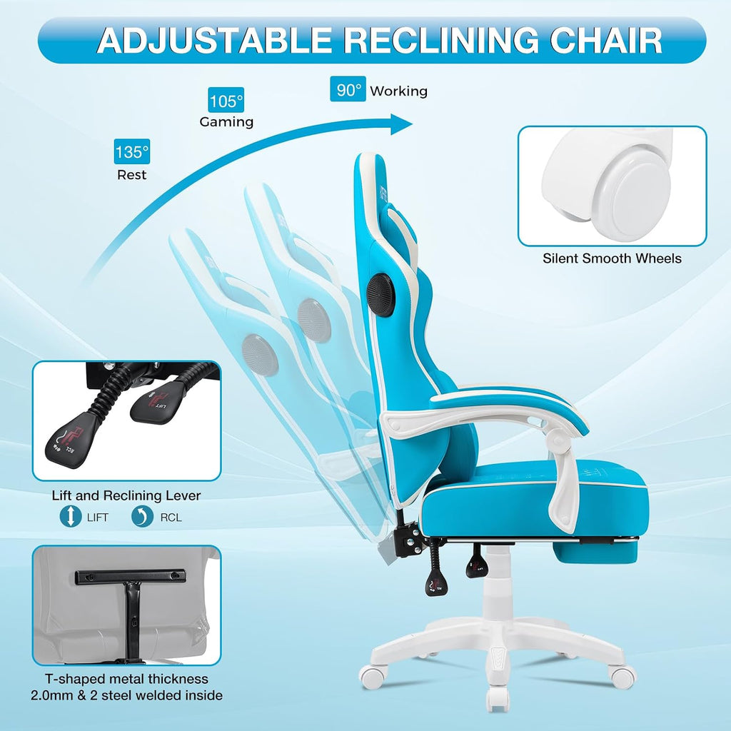 HOFFREE Gaming Chair Computer Chair with Speakers Massage Game Chairs with Footrest Bluetooth High Back Ergonomic Computer Gaming Chairs for Adults Reclining Video Gamer Chair Sky Blue and White