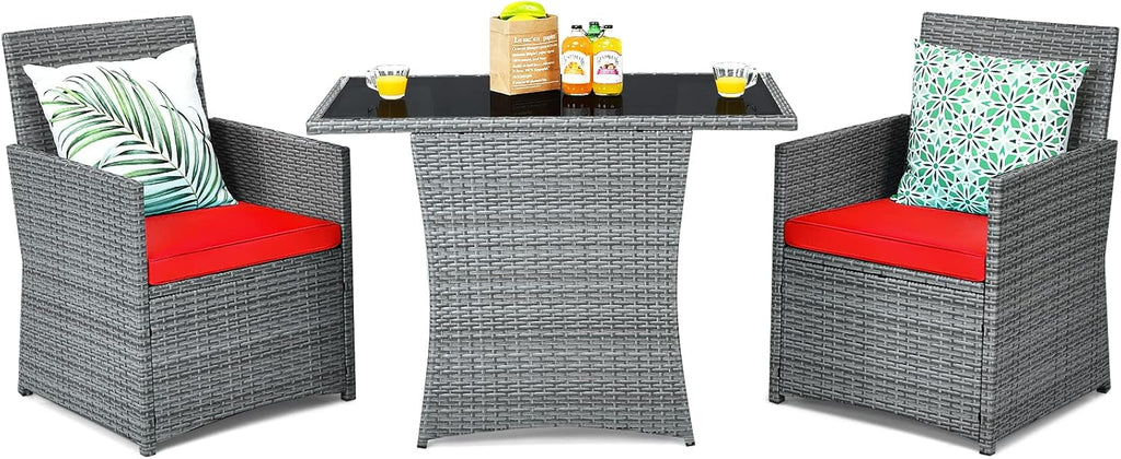 Tangkula 3 Pieces Patio Dining Set, Patiojoy Space-Saving PE Rattan Bistro Set with Tempered Glass Top Table and Cushioned Chairs, Outdoor Conversation Set for Garden, Backyard, Poolside, Porch (Red)