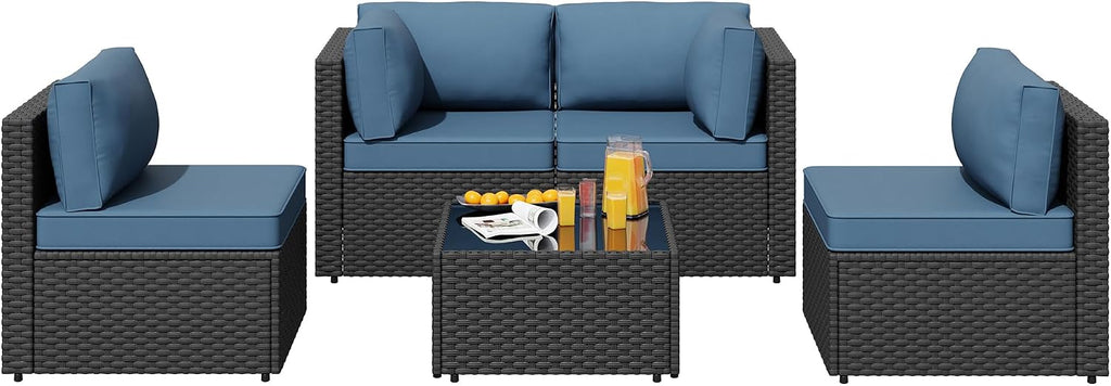 SUNLEI 5pcs Patio Furniture Sets Conversation Set, Low Back All-Weather Rattan Sectional Sofa with Tea Table&Washable Couch Cushions, Outdoor Furniture Set