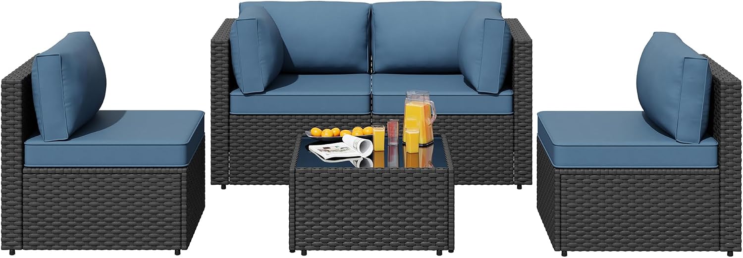 SUNLEI 5pcs Patio Furniture Sets Conversation Set, Low Back All-Weather Rattan Sectional Sofa with Tea Table&Washable Couch Cushions, Outdoor Furniture Set
