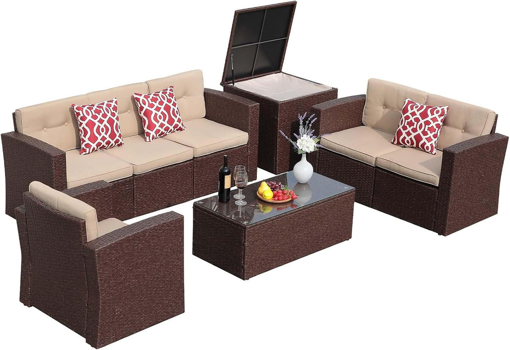 JOIVI 8 Pieces Outdoor Patio Furniture Set with 88 Gallon Storage Box, Rattan Wicker Patio Conversation Set with Coffee Tea Table, Outdoor Sectional Furniture Sofa Set with Cushions, Brown
