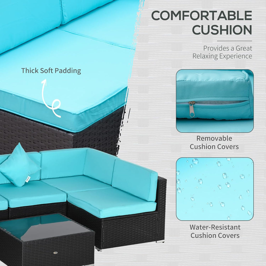 Outsunny 7-Piece Patio Furniture Sets Outdoor Wicker Conversation Sets All Weather PE Rattan Sectional Sofa Set with Cushions & Tempered Glass Desktop, Turquoise