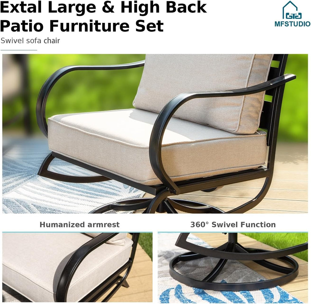 MFSTUDIO 4 Pieces Patio Conversation Sets, All Weather Metal Frame Outdoor Furniture Set Patio Sofas with 1 x 45 Rectangular Propane Fire Pit Table, 1 x 3-Seat Sofa, 2 x Swivel Chairs, Beige Cushion
