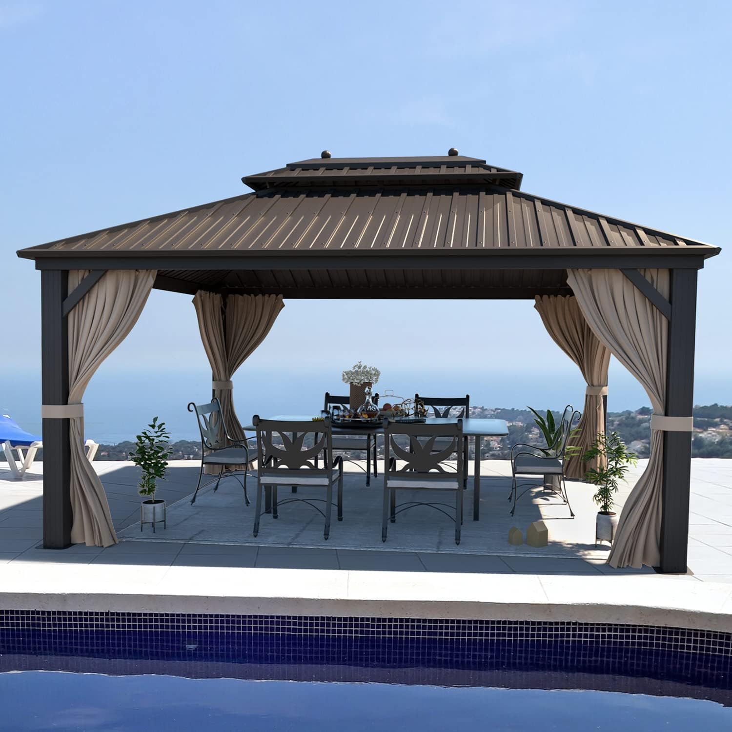 YOLENY 10'x13' Hardtop Gazebo with Galvanized Steel Double Roof, Pergolas Aluminum Frame, Netting and Curtains Included, Metal Outdoor Gazebos for Garden, Patios, Lawns, Parties