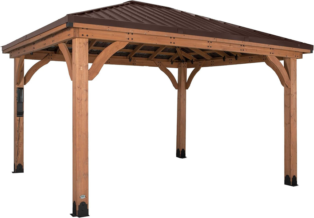 Backyard Discovery Barrington 14' x 10' Cedar Wood Outdoor Gazebo Pavilion with Hardtop Galvanized Steel Hip Roof, Snow Support, Wind Resistance, PowerPort, Shade for Garden, Patio, Deck, Entertaining