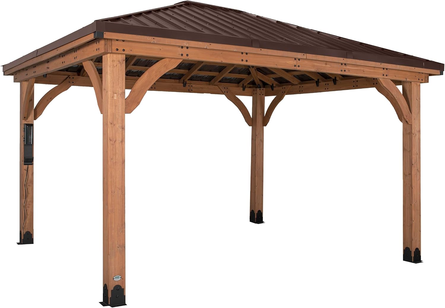 Backyard Discovery Barrington 14' x 10' Cedar Wood Outdoor Gazebo Pavilion with Hardtop Galvanized Steel Hip Roof, Snow Support, Wind Resistance, PowerPort, Shade for Garden, Patio, Deck, Entertaining