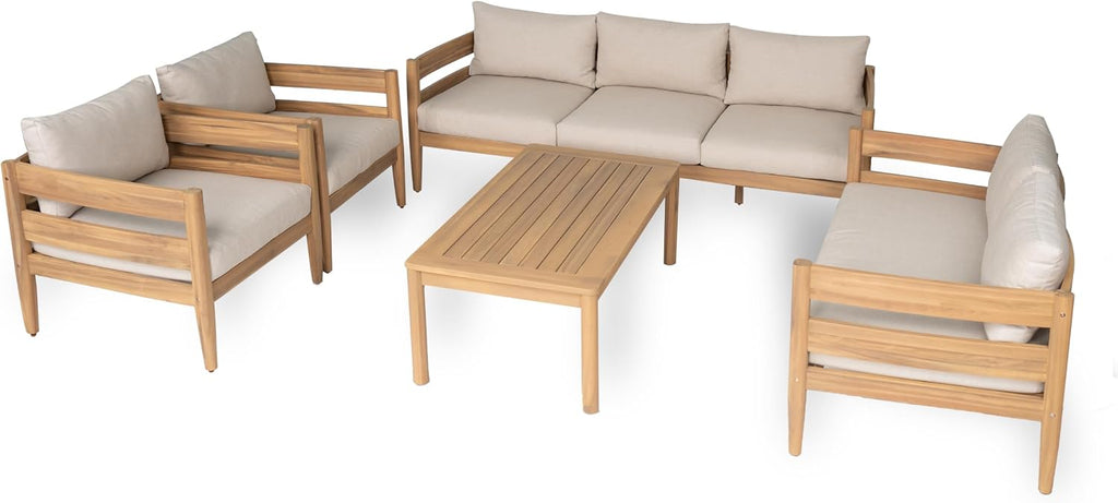Christopher Knight Home Kory 5-Piece Acacia Wood Patio Furniture Set, Outdoor Conversation Sofa Chat Set with Club Chair and Coffee Table, Patio 7-Seater Seating Group for Backyard Balcony, Teak+Beige