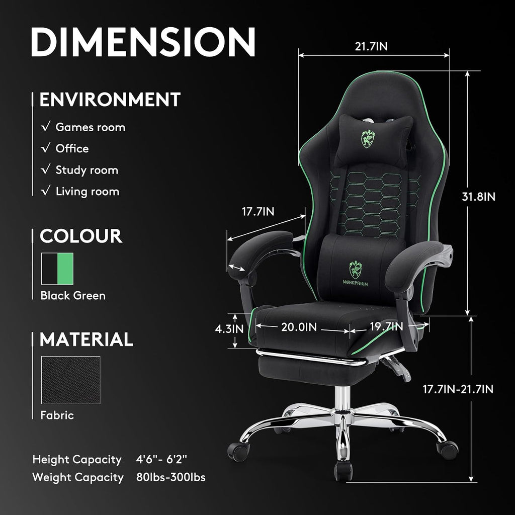 Gaming Chair Breathable Fabric,Computer Office Chair with Footrest,Massage Lumbar Support and Gel Pad,Ergonomic Reclining Adjustable Gamer Chair with Headrest and Spring Cushion Black Green