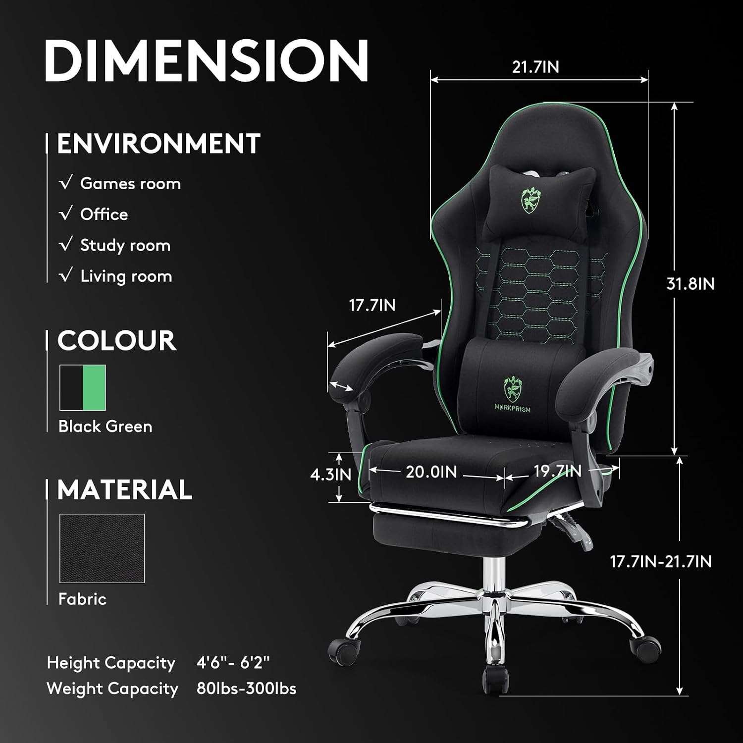 Gaming Chair Breathable Fabric,Computer Office Chair with Footrest,Massage Lumbar Support and Gel Pad,Ergonomic Reclining Adjustable Gamer Chair with Headrest and Spring Cushion Black Green