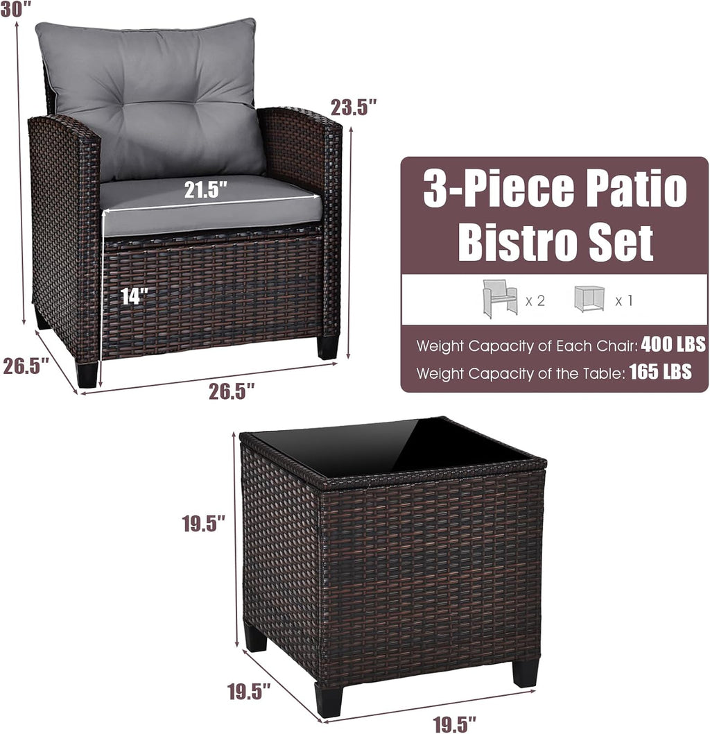 COSTWAY 3PCS Patio Furniture Set, PE Rattan Wicker Sofa w/Washable Cushion and Coffee Table, Tempered Glass Tabletop, Outdoor Conversation Set for Balcony, Porch, Yard, Backyard, Lawn (Grey)