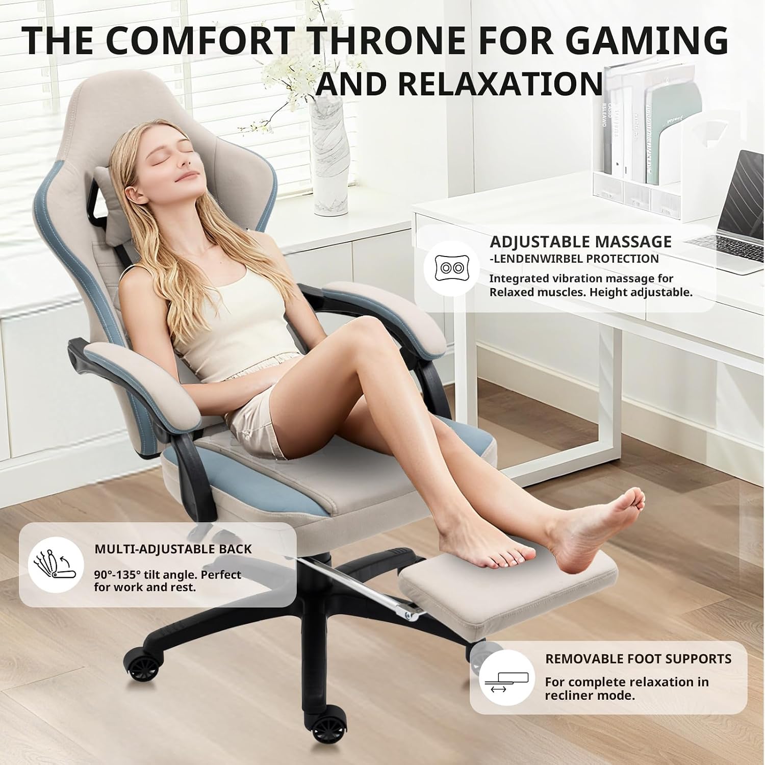 Dowinx Gaming Chair Breathable Fabric Game Chair with Gel Pad and Storage Bag, Comfortable Gamer Chair with Pocket Spring Cushion,Ergonomic Computer Chair with Footrest,Grey