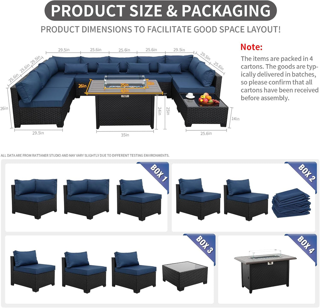 Rattaner 10 Pieces Outdoor Sectional All-Weather Wicker Patio Furniture Set Patio Sectional and Steel Fire Table and Glass Patio Table Non-Slip Cushions and Waterproof Covers, Navy Blue