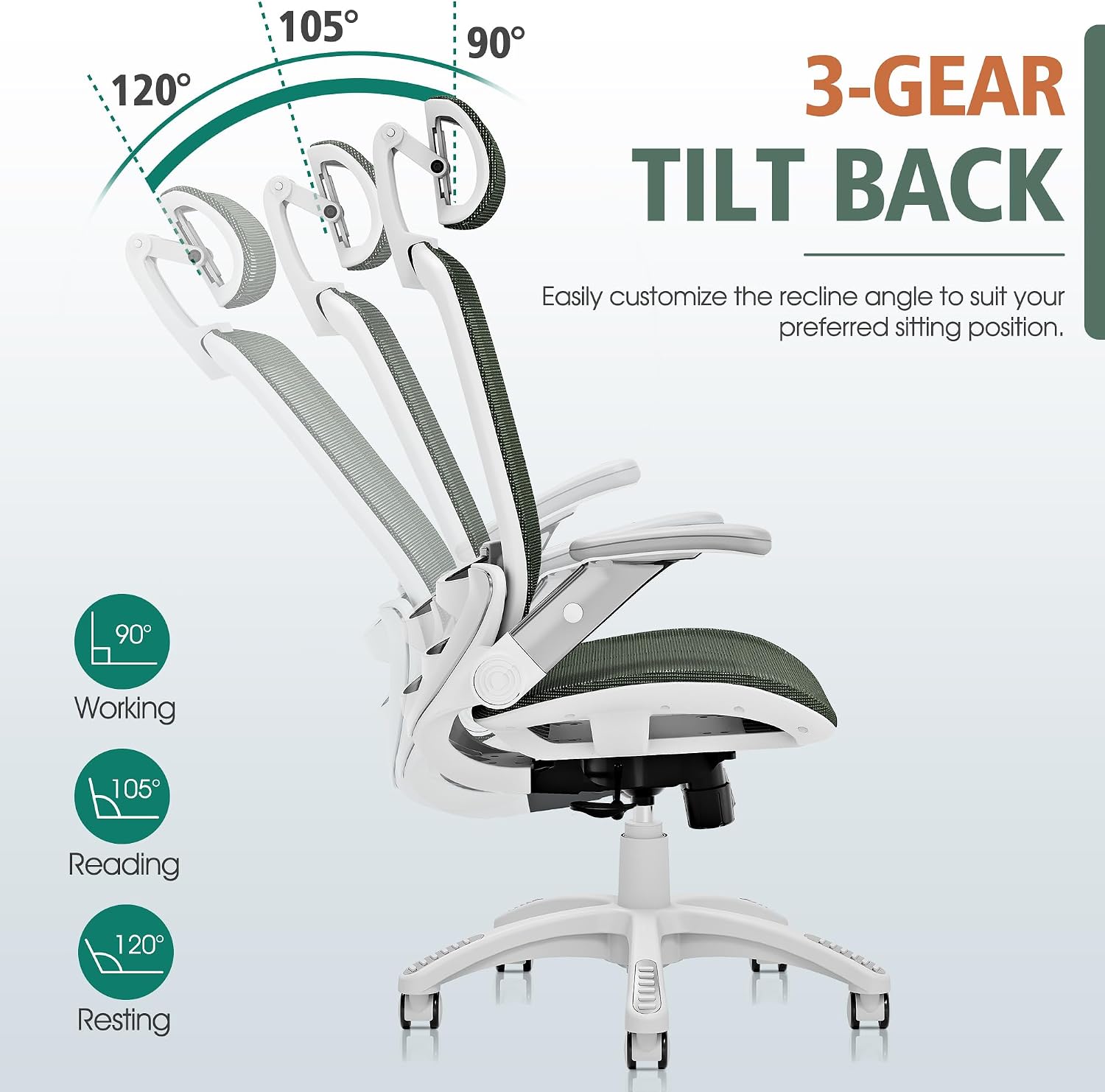 GABRYLLY Ergonomic Office Chair, High Back Home Desk Chair with Headrest, Flip-Up Arms, 90-120° Tilt Lock and Wide Cushion, 300LBS Mesh Chairs for Man Woman, White Task Chair(Olive Green,GY01WOG)