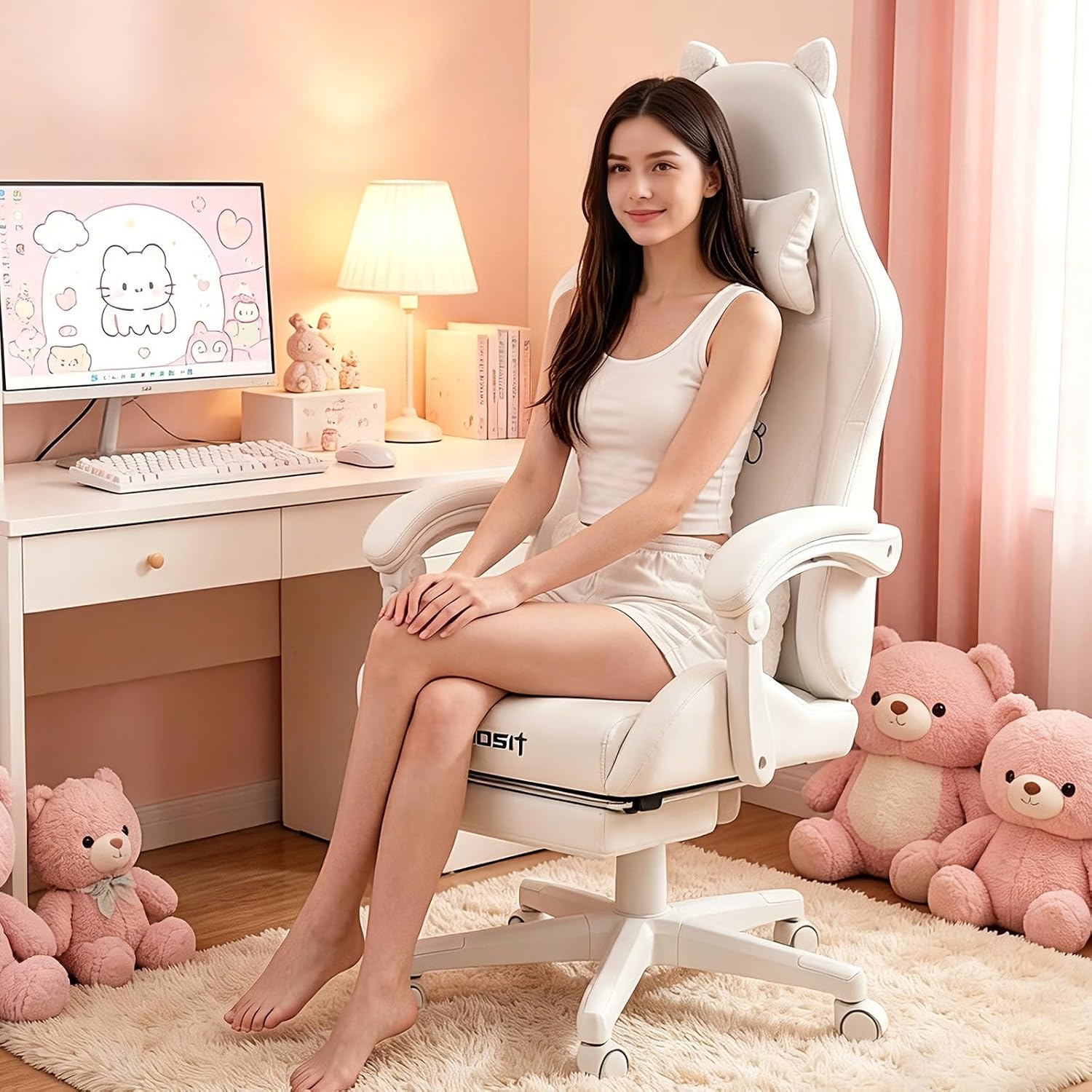 Vigosit White Dog Gaming Chair - Kawaii Design for Competitive Gamers & Adults, Ergonomic High Back with Lumbar Support, 310lbs Capacity