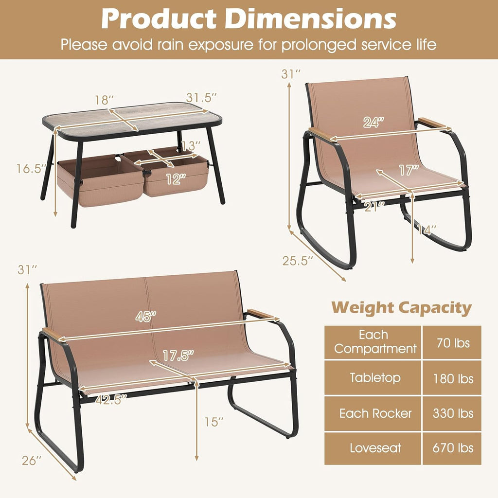 Tangkula 4 Pieces Patio Furniture Set with 2 Rocking Bistro Chairs, Outdoor Conversation Set with 2-Tier Coffee Table and Breathable Fabric Chairs for Porch, Garden, Lawn and Backyard (Brown)