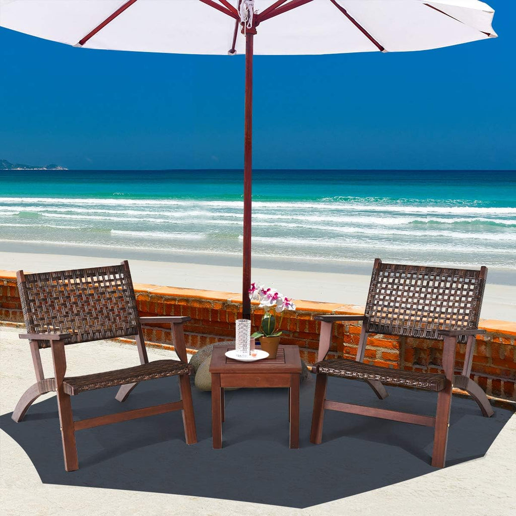 Tangkula 3 Pieces Patio Conversation Set, Solid Eucalyptus Wood Frame Outdoor Wicker Furniture Set Bistro Set with Coffee Table, Rattan Furniture Set for Backyard Porch Garden Poolside Balcony (Brown)