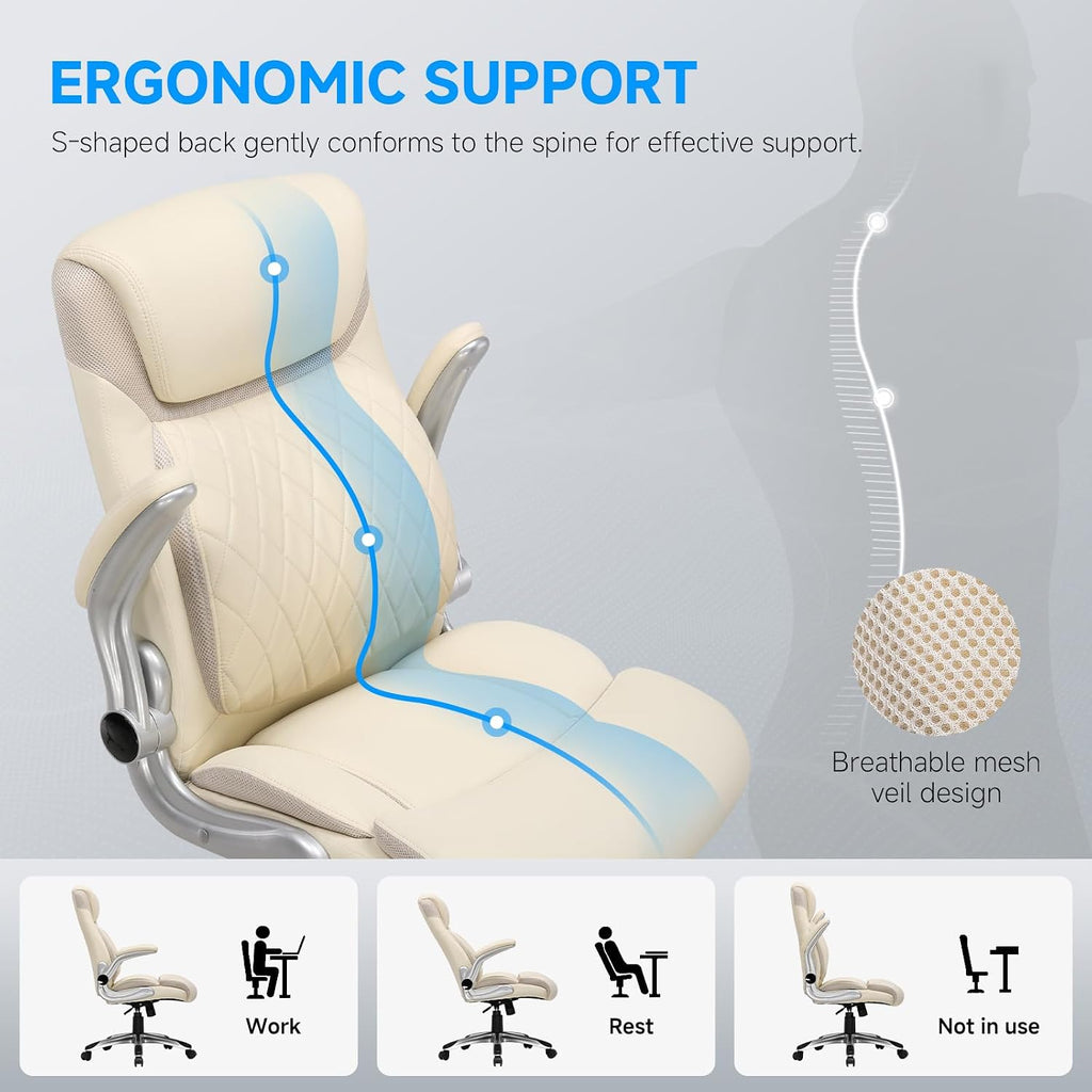 GTPLAYER Big and Tall High Back Office Chair 400LBS Wide Leather Executive Chair Height Adjustable Lumbar Support & Armrests, Comfy Desk Gaming Chairs Computer Swivel Chair, Cream