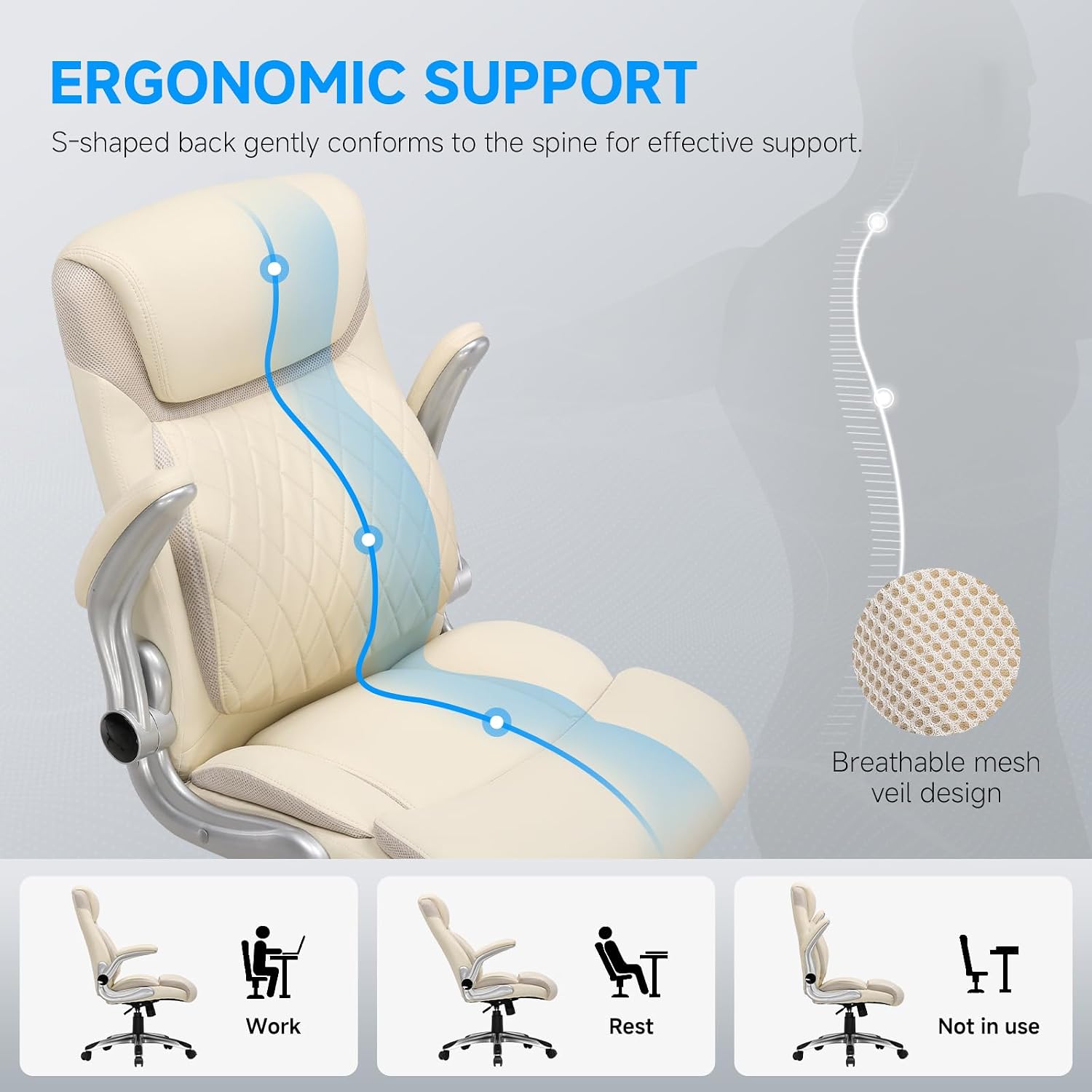 GTPLAYER Big and Tall High Back Office Chair 400LBS Wide Leather Executive Chair Height Adjustable Lumbar Support & Armrests, Comfy Desk Gaming Chairs Computer Swivel Chair, Cream