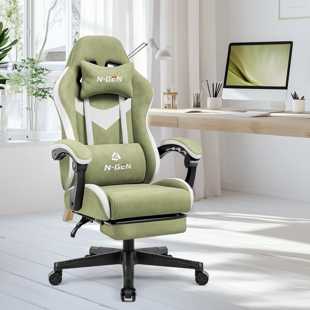 N-GEN GAMING Video Gaming Chair Office Computer Desk Use Ergonomic Reclining Backrest Adjustable Armrests Lumbar Support Footrest High Density Foam Breathable Fabric Heavy Duty Base (Green)