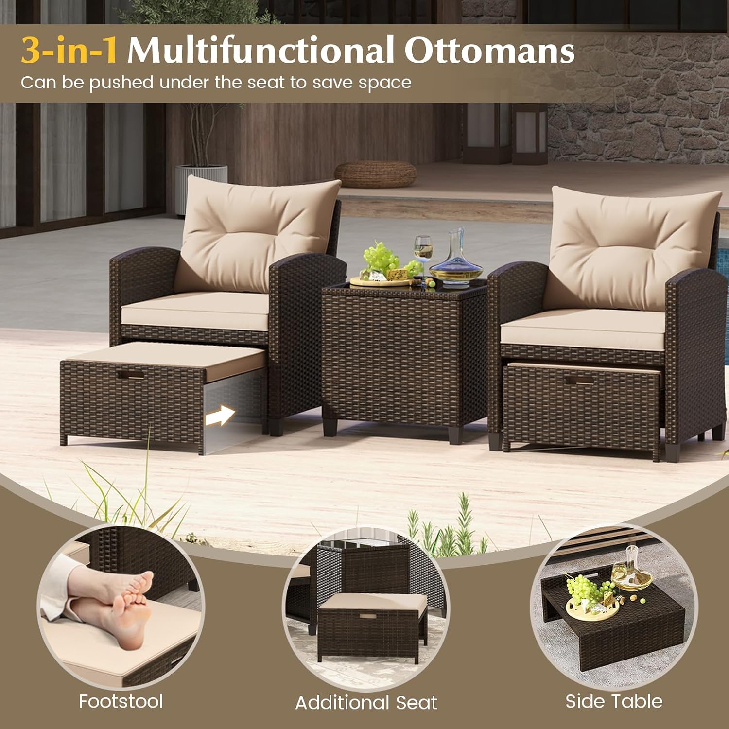 KOTEK 5 Pieces Patio Furniture Set with Ottomans, Wicker Patio Conversation Set with Coffee Table & Cushions, PE Rattan Outdoor Lounge Chairs for Backyard, Porch, Poolside (Mix Brown- Beige)