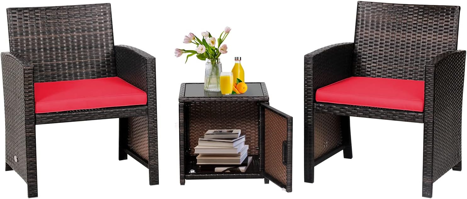 Tangkula 3 Pieces Outdoor Wicker Conversation Set with Waterproof Cover, 2 Patio PE Rattan Cushioned Chairs with Side Storage Table, Suitable for Front Porch, Balcony, Garden, Poolside and Yard (Red)
