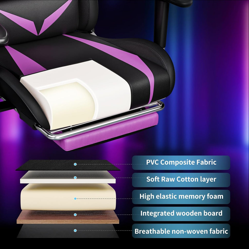HOFFREE Gaming Chair with Bluetooth Speakers and Led Lights Massage Video Game Chair with Footrest Reclining High Back Computer Gamer Chair Purple and Black