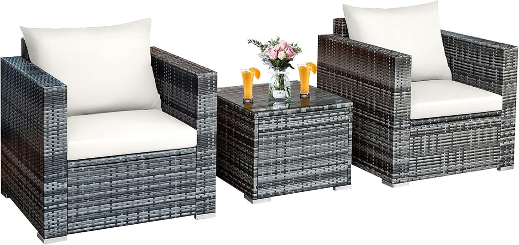 Tangkula 3 Pieces Patio Furniture Set, PE Rattan Wicker Sofa Set w/Washable Cushion and Tempered Glass Tabletop, Outdoor Conversation Furniture for Garden Poolside Balcony