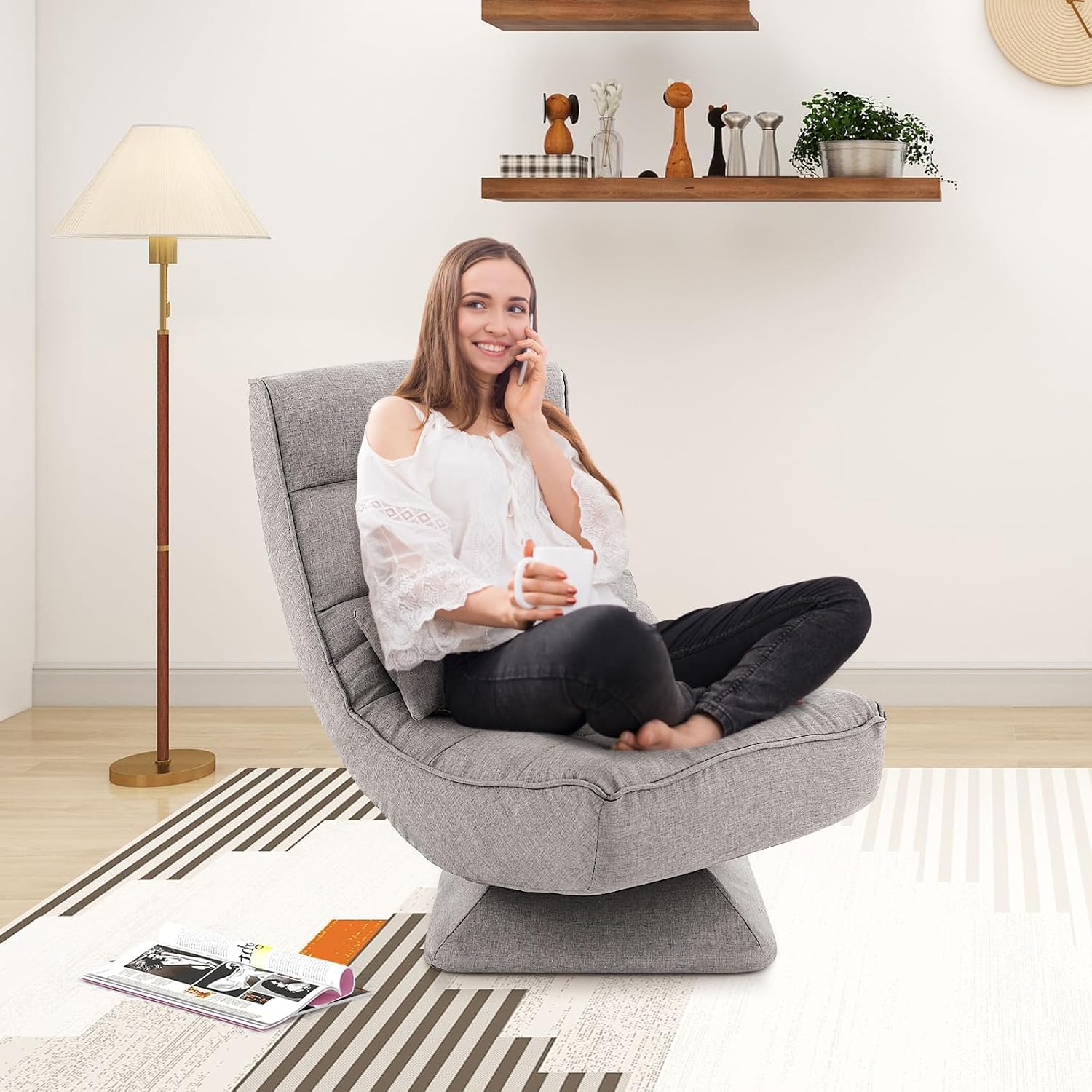 Giantex Adjustable Swivel Floor Chair - 5 Position Video Game Chair with Swivel Base, Steel Frame, Massage Lumbar Pillow, Foldable Lazy Sofa Lounger for Adults Teens, Meditating, No Assembly (Gray)