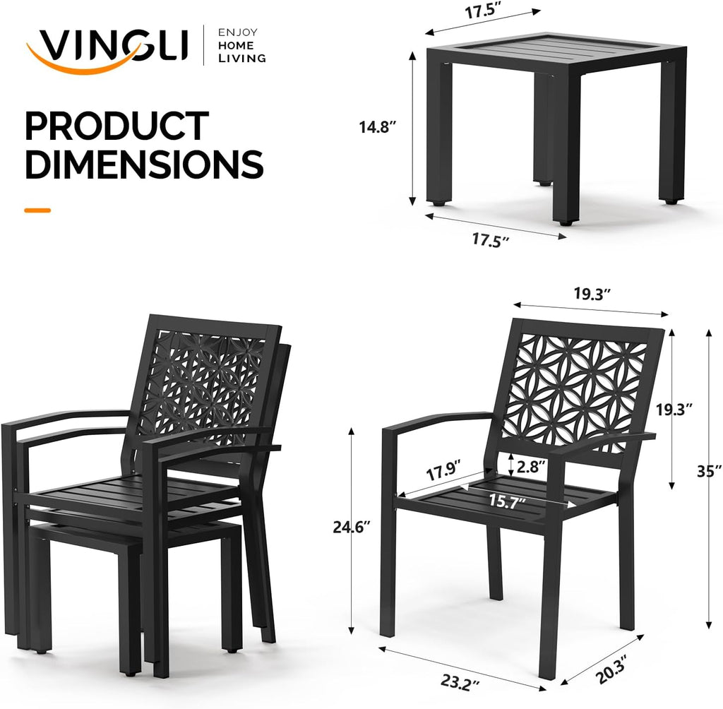 VINGLI 3-Piece Outdoor Bistro Set, Stackable Modern Metal Steel Table and Chairs with Rust-Resistant Coating, Small Patio Furniture Conversation Set for Porch, Deck, Balcony, Garden, Black