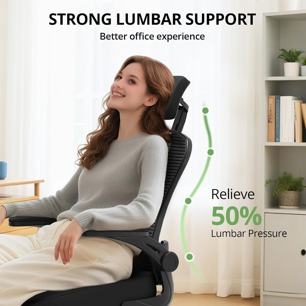 Office Chair Ergonomic Desk Chair, 330LBS Capacity, High Back Computer Chair for Long Hours Comfortable, Rolling Swivel Executive Task Chair for Home Office with Flip-up Armrests, Black