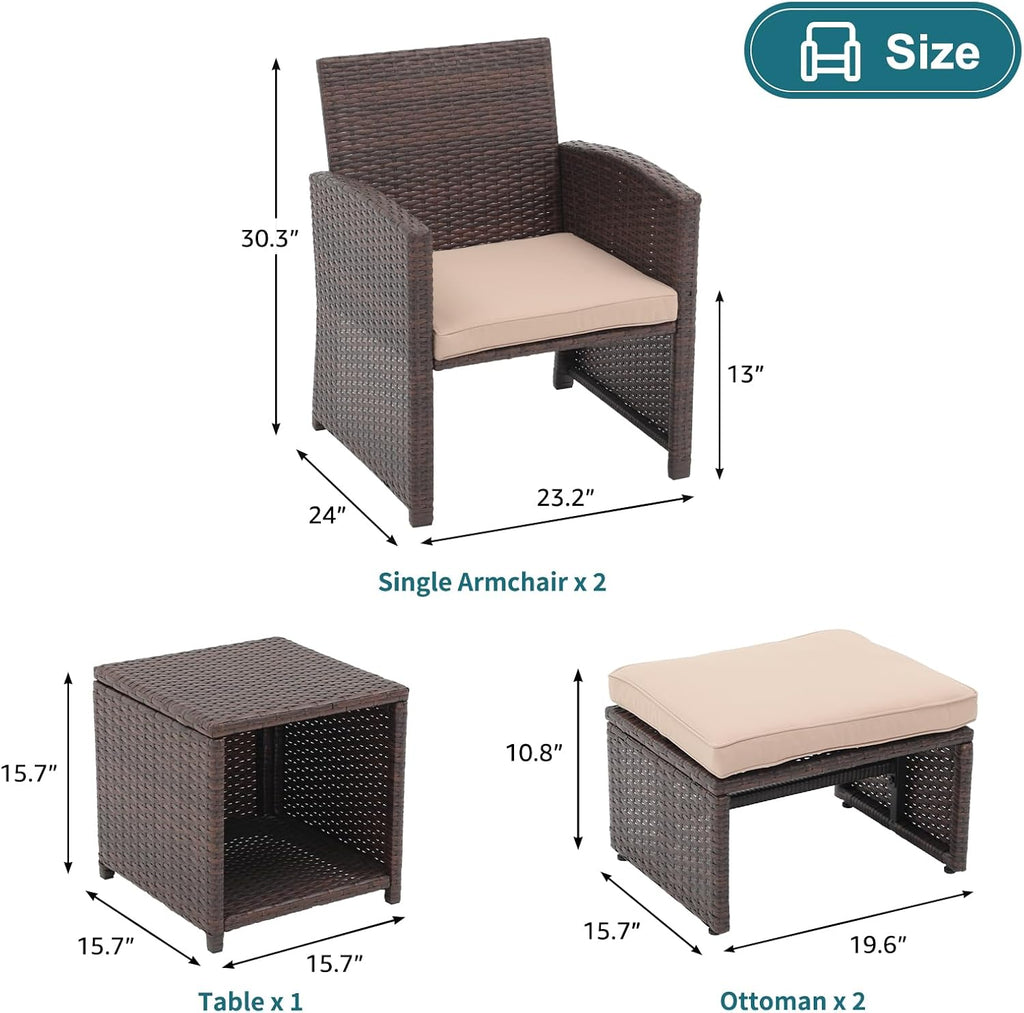 OC Orange-Casual 5 Pcs Patio Conversation Set Balcony Furniture Set with Cushions, Brown Wicker Chair with Ottoman, Storage Table for Backyard, Garden, Porch, Beige