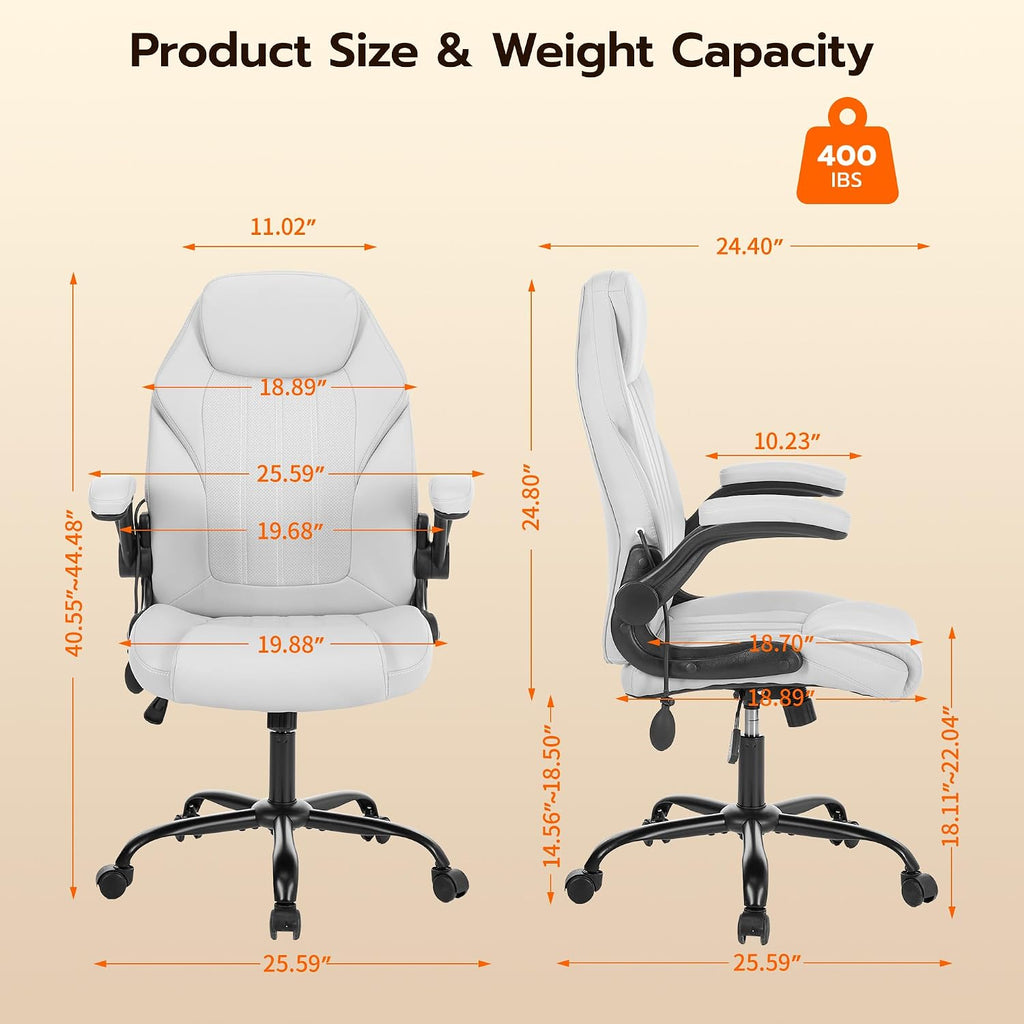 Ylzyxal Office Desk Chair, Ergonomic Computer Chair with Padded Flip-Up Arms and Adjustable Lumbar Support, PU Leather Executive Chair with Tilt Lock and 360° Swivel Rolling Wheels for Work, Study