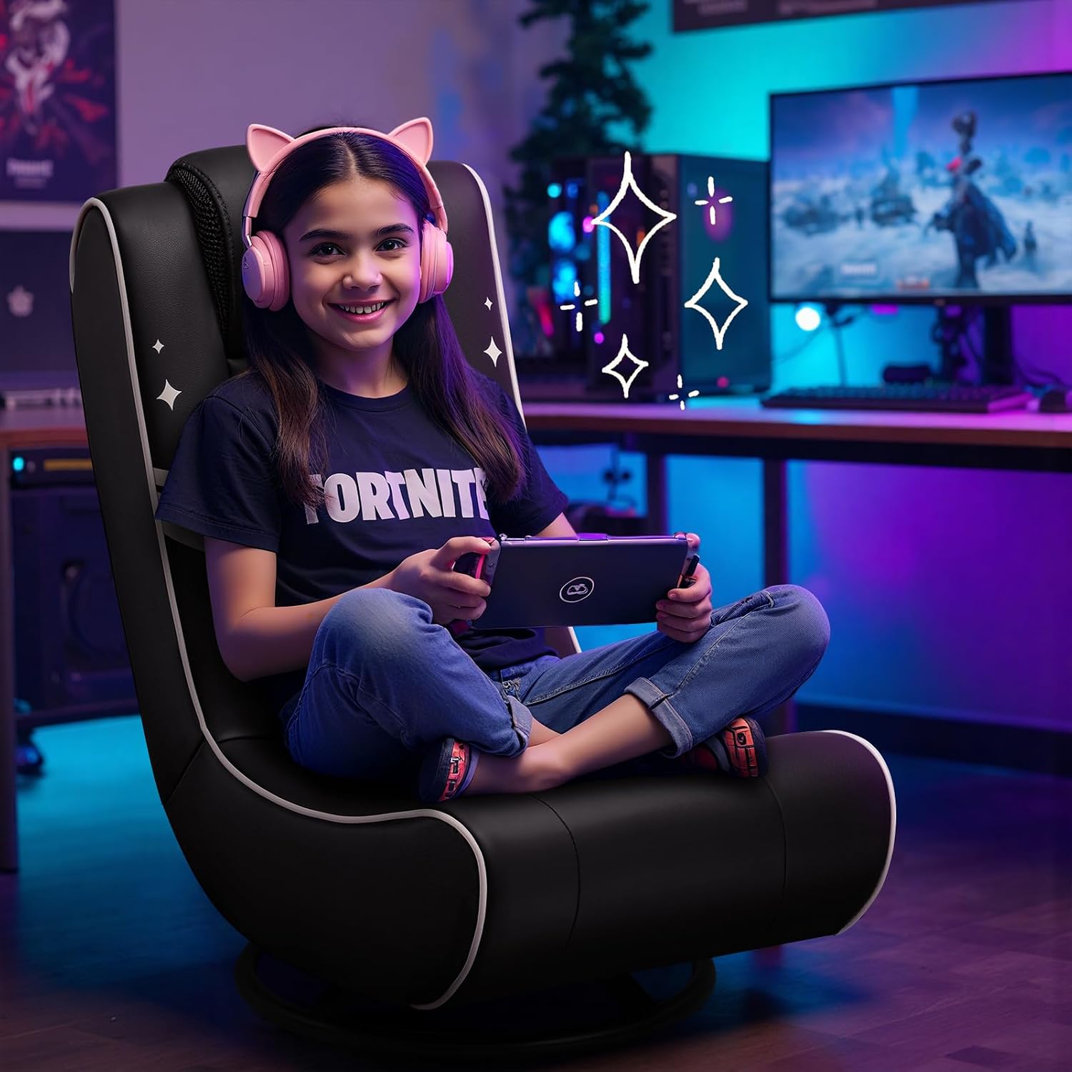 GTPLAYER Floor Gaming Chair Foldable Swivel Floor Chairs for Kids Boys Comfy Video Game Seat with 360° Multipurpose for Gamers, Bedroom or Game Room (Gold Star Pattern)